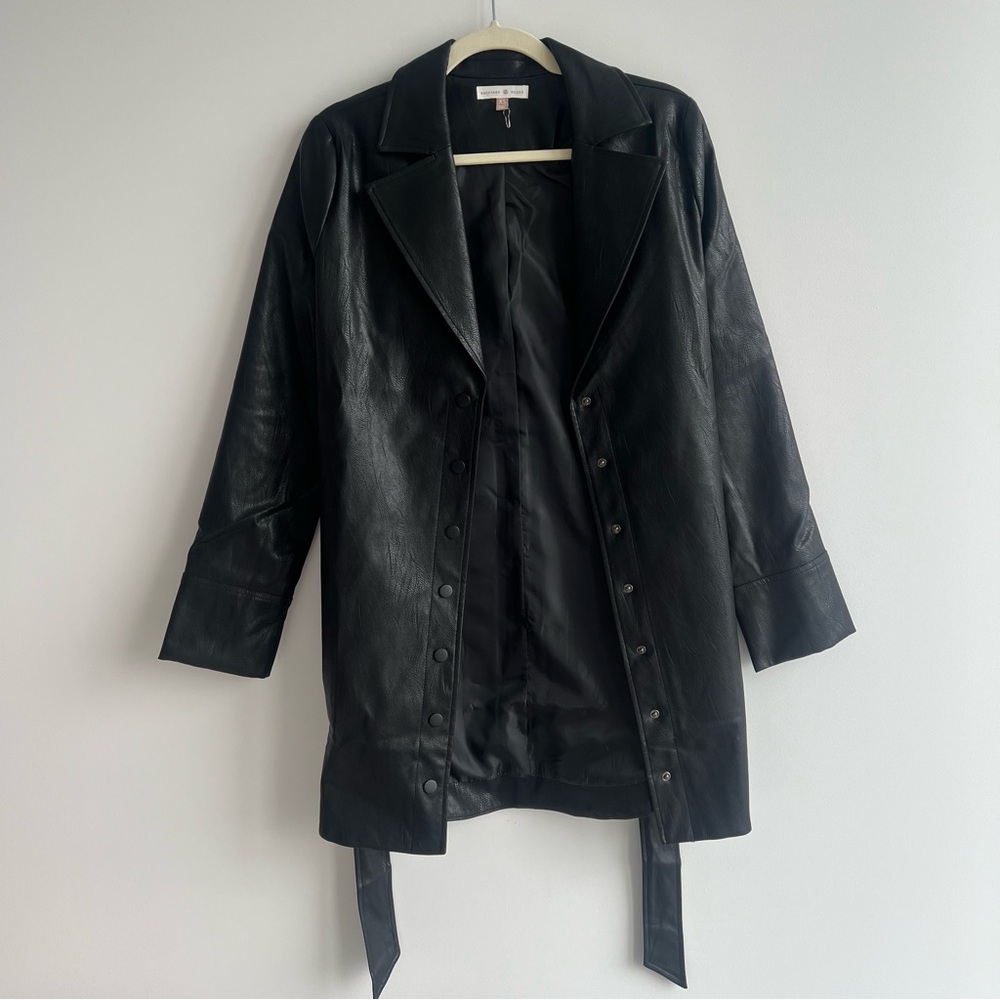 Backyard Roses Elizabeth black leather jacket dress/tie belt trench coat Size XS